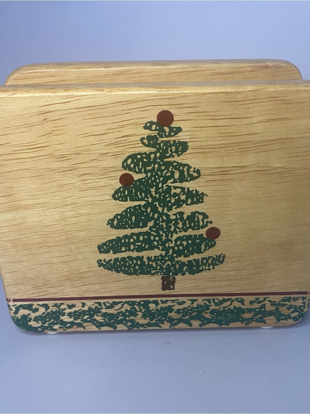 Vintage 1998 Holiday Wooden Napkin Holder with Green Christmas Tree